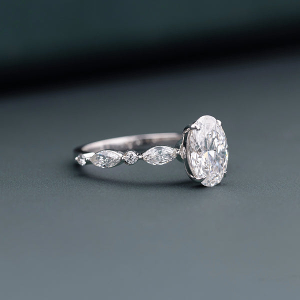 1.60 CT Oval Lab-Grown Diamond Engagement Ring with Marquise Side Diamonds