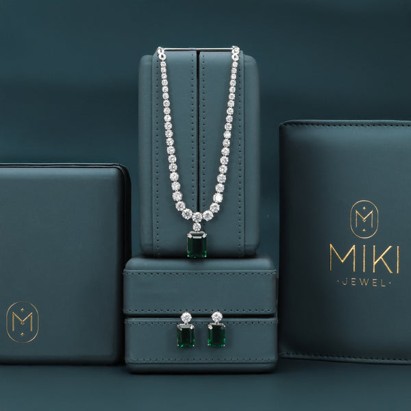 15.45 Ct Lab-Grown Diamond Tennis Necklace & Emerald-Cut Green Pendant Earring Set