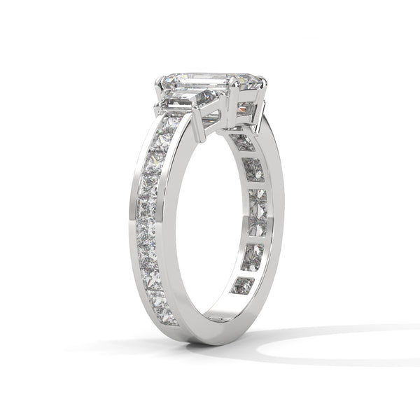 2.95 CT Emerald Cut Lab-Grown Diamond Three-Stone Ring with Trapezoid & Round Accents