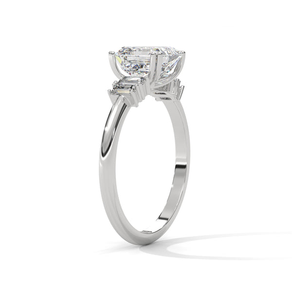 2.31 CT Asscher Cut Lab-Grown Diamond Three-Stone Ring with Emerald Side Stones