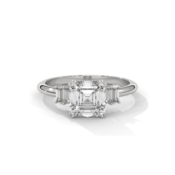 2.31 CT Asscher Cut Lab-Grown Diamond Three-Stone Ring with Emerald Side Stones