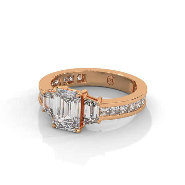 2.95 CT Emerald Cut Lab-Grown Diamond Three-Stone Ring with Trapezoid & Round Accents