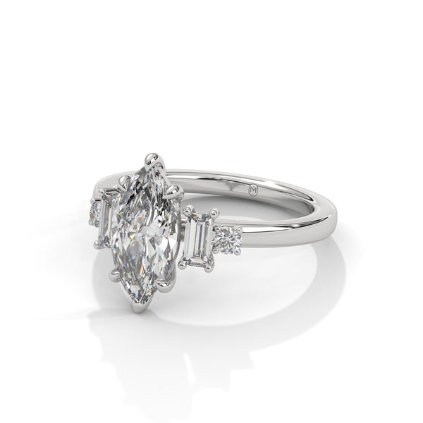 1.85 CT Marquise Cut Lab-Grown Diamond Three-Stone Ring with Emerald & Round Accents