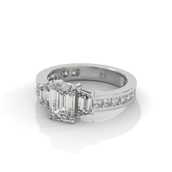 2.95 CT Emerald Cut Lab-Grown Diamond Three-Stone Ring with Trapezoid & Round Accents