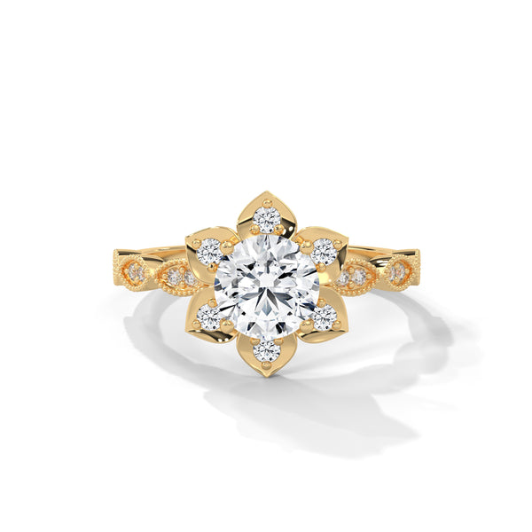 1.22 CT Round Cut Lab-Grown Diamond Floral Halo Engagement Ring with Milgrain Pavé Band