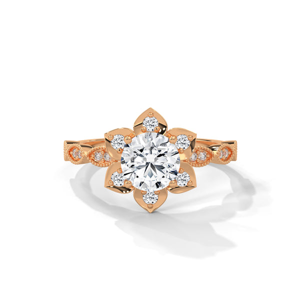 1.22 CT Round Cut Lab-Grown Diamond Floral Halo Engagement Ring with Milgrain Pavé Band
