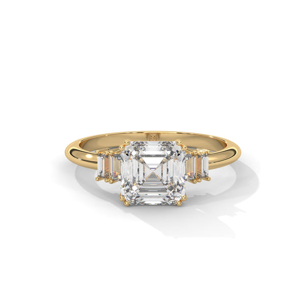 2.31 CT Asscher Cut Lab-Grown Diamond Three-Stone Ring with Emerald Side Stones