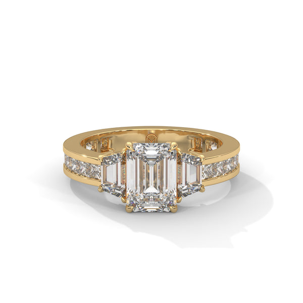 2.95 CT Emerald Cut Lab-Grown Diamond Three-Stone Ring with Trapezoid & Round Accents