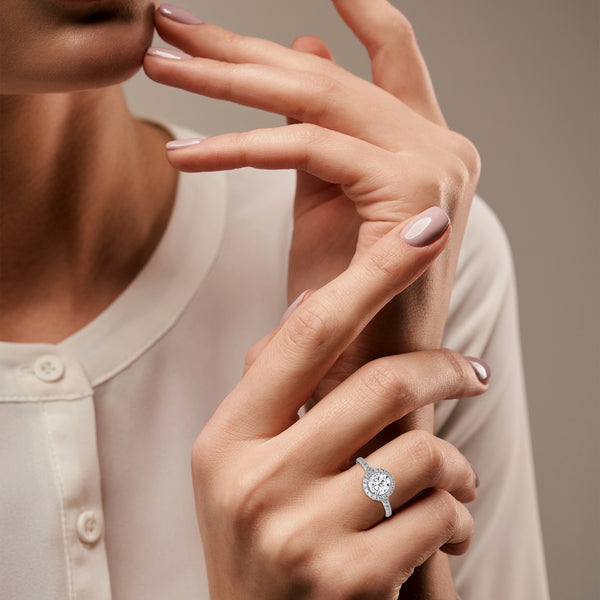 1.44 CT Round Cut Lab-Grown Diamond Halo Engagement Ring with Pavé Band