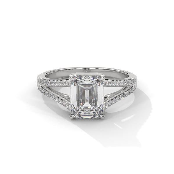 1.93 CT Emerald Cut Lab-Grown Diamond Split Shank Ring with Round Pave Accents