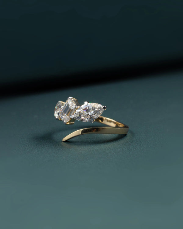 2.47 CTW Emerald & Pear Cut CVD Lab-Grown Diamond Three-Stone Bypass Ring