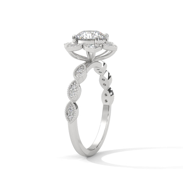 1.22 CT Round Cut Lab-Grown Diamond Floral Halo Engagement Ring with Milgrain Pavé Band