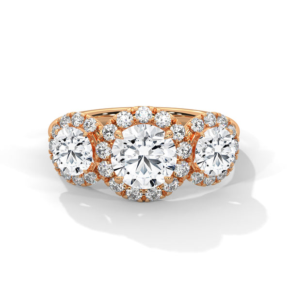 2.53 CT Round Cut Lab-Grown Diamond Three Stone Halo Ring with Pavé Accents