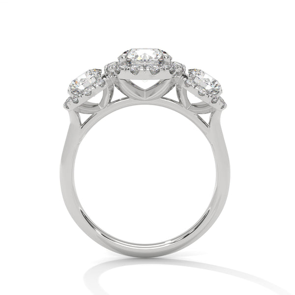 2.53 CT Round Cut Lab-Grown Diamond Three Stone Halo Ring with Pavé Accents