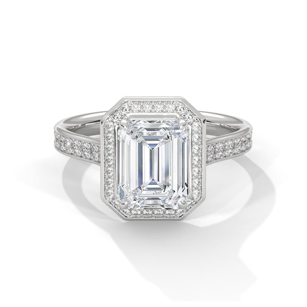 2.46 CT Emerald Cut Lab-Grown Diamond Halo Ring with Pavé Band