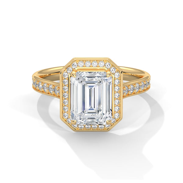 2.46 CT Emerald Cut Lab-Grown Diamond Halo Ring with Pavé Band