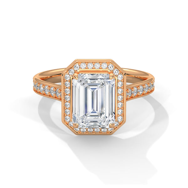 2.46 CT Emerald Cut Lab-Grown Diamond Halo Ring with Pavé Band