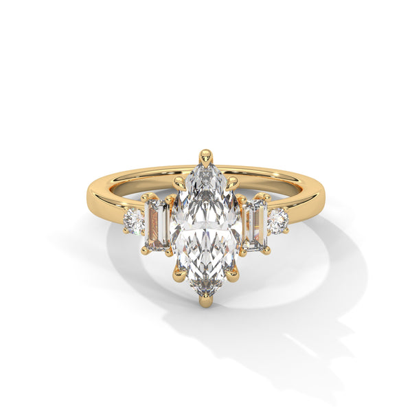 1.85 CT Marquise Cut Lab-Grown Diamond Three-Stone Ring with Emerald & Round Accents