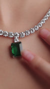 15.45 Ct Lab-Grown Diamond Tennis Necklace & Emerald-Cut Green Pendant Earring Set